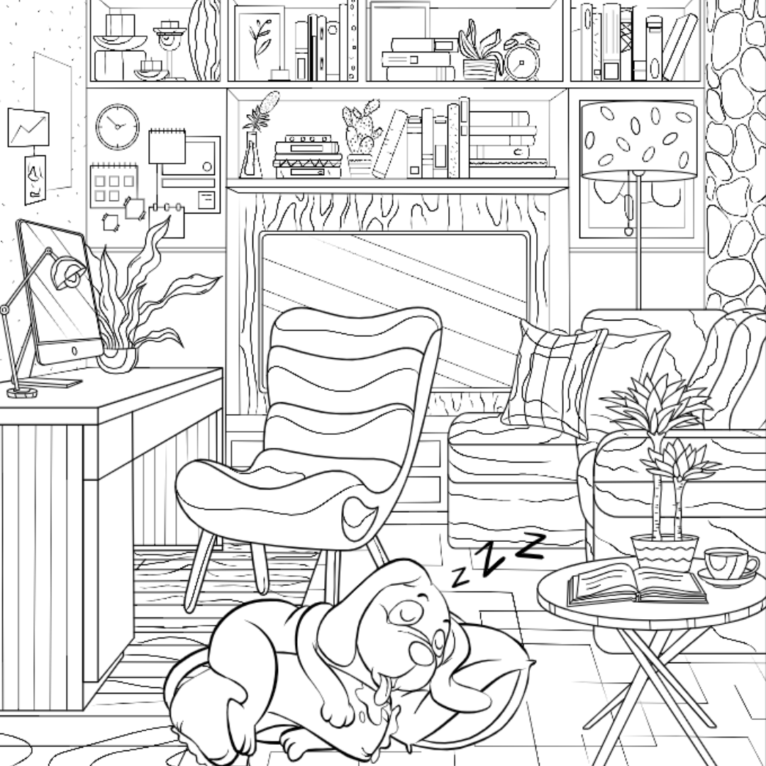 Home Library with Dog Colouring Page – Castle Arts home-library-with-dog-colouring-page-castle-arts