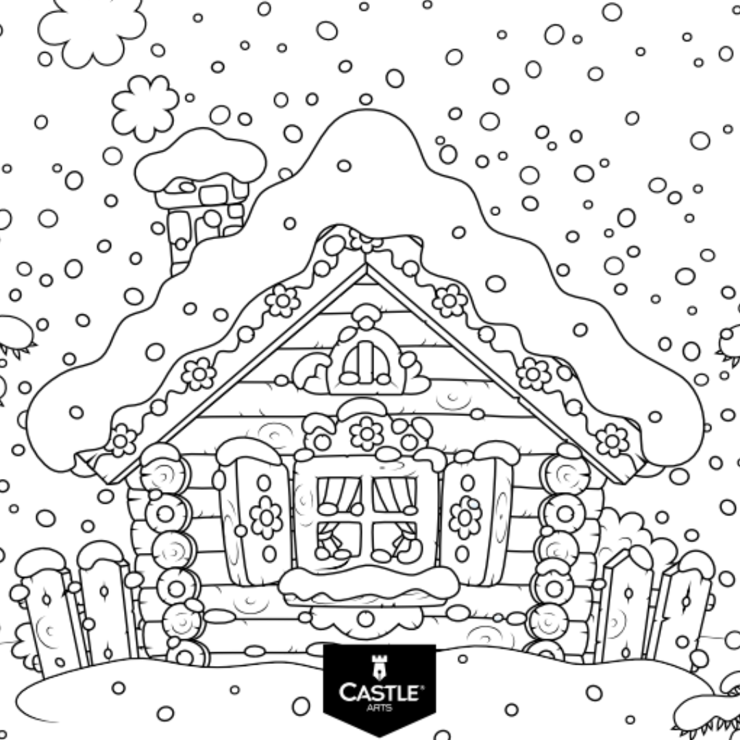 Snowy Cabin Colouring Page Castle Arts snowy-cabin-colouring-page-castle-arts