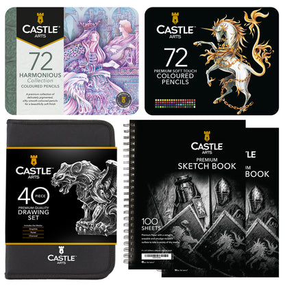 184 Piece Harmonious Drawing and Colouring Pencil Bundle & 2 Sketchbooks